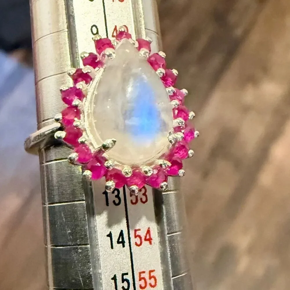 Celestial Halo: Pear-Cut Rainbow Moonstone and Ruby Cluster Ring Size 6 New